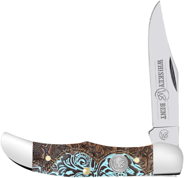 Whiskey Bent Knives Mini Hunter Folding Knife Single Clip 440 Steel Blade 2.75in Closed Length Acrylic Handle Tooled Country - Whiskey Bent Knives