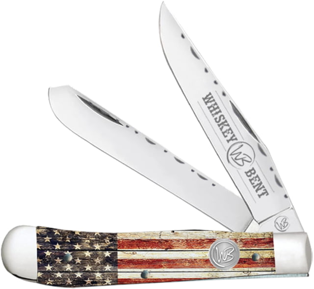 Whiskey Bent Knives Trapper Filework Folding Knife Clip Point & Spey Blades 440 Steel Blade 4.125in Closed Length Acrylic Handle Patriot - Whiskey Bent Knives