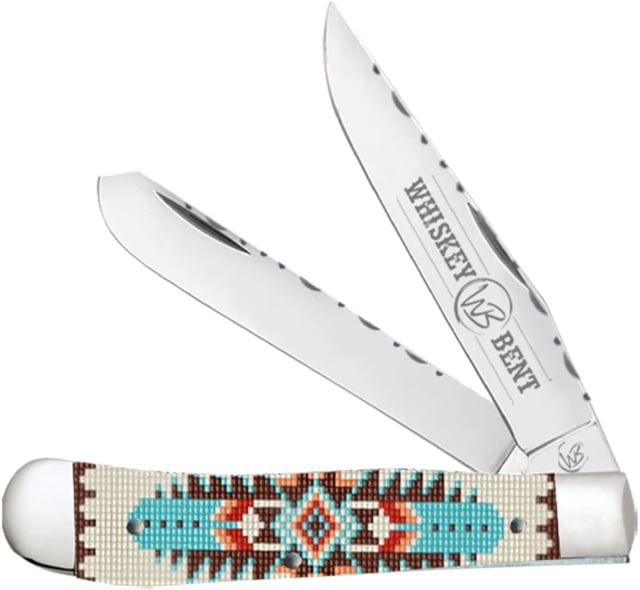 Whiskey Bent Knives Trapper Filework Folding Knife Clip Point & Spey Blades 440 Steel Blade 4.125in Closed Length Acrylic Handle Turquoise Bead - Whiskey Bent Knives