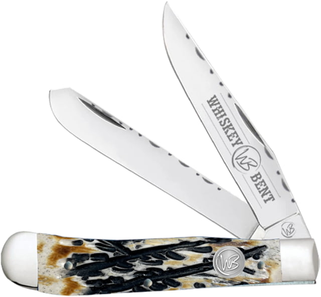 Whiskey Bent Knives Trapper Filework Folding Knife Clip Point & Spey Blades 440 Steel Blade 4.125in Closed Length Natural Bone Handle Carved Burnt - Whiskey Bent Knives