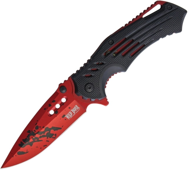 Wild Boar 4.75in Finger Grooved Linerlock Assisted Opening 4.75in Closed 3.5in Red Finish SS Drop Point Black Nylon Handle Thumb Stud Pocket Clip - Wild Boar