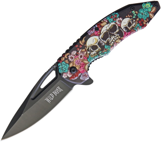 Wild Boar Skull Linerlock A/O Folding Knife 4.5in Closed 3.25in Black SS Blade Aluminum Handle Thumb Pull Pocket Clip Skull And Flower Handle Artwork - Wild Boar