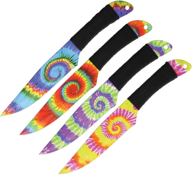 Wild Boar Tie Dye Throwing Knife 9in Overall 4.75in Blade Black Cord Wrapped Handle Set Of Four One Piece Tie Dye Finish SS Construction Black Nylon - Wild Boar