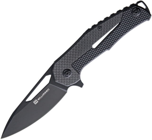 Willumsen Copenhagen Chibs Framelock Folding Knife 5in Closed 3.5in Black D2 Tool Steel Drop Point Black Checkered Titanium Handle With Carbon Fiber - Willumsen Copenhagen