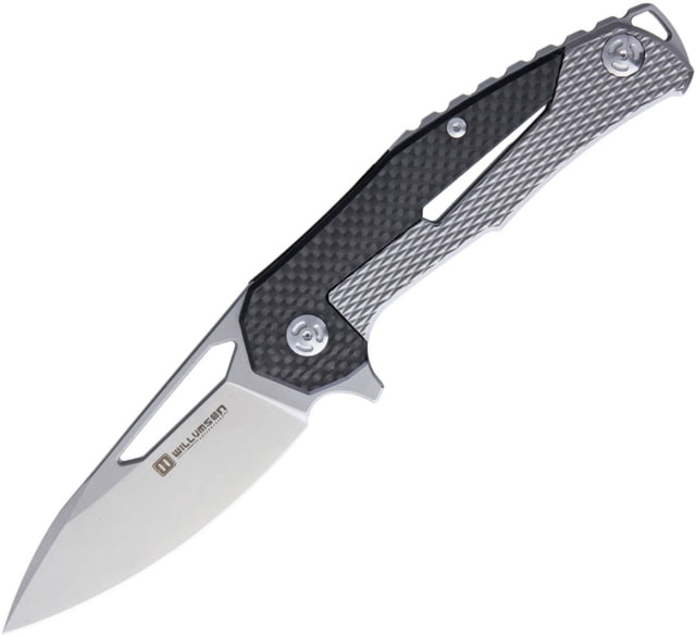 Willumsen Copenhagen Chibs Framelock Folding Knife 5in Closed 3.5in Stonewash D2 Tool Steel Drop Point Gray Checkered Titanium Handle With Carbon - Willumsen Copenhagen