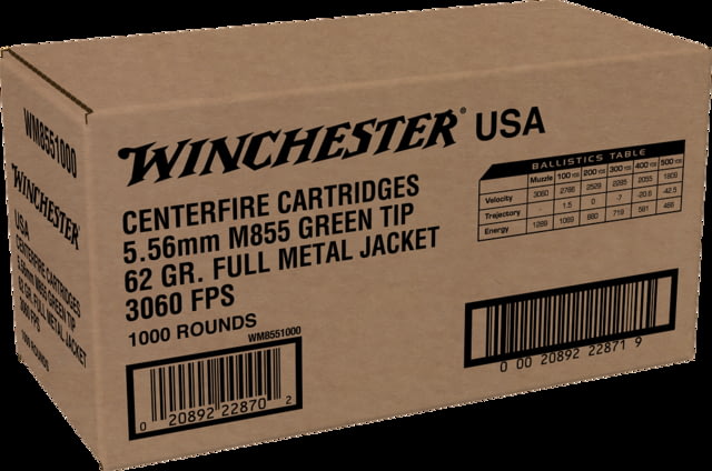 chester 5.56x45mm NATO 62 Grain Green Tipped Full Metal Jacket Brass Cased Centerfire Rifle 1000 Rounds Ammo