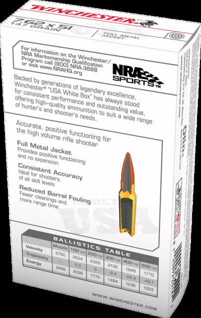 Winchester 7.62x51mm NATO 147 grain Full Metal Jacket Centerfire Rifle Ammo 20 Rounds - Winchester