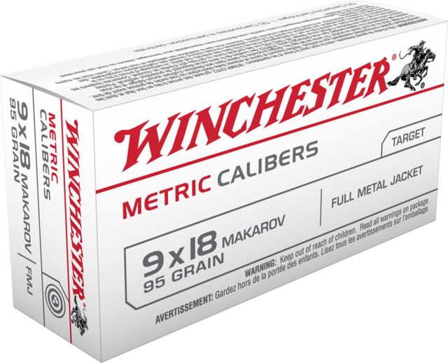 Winchester Metric Calibers 9x18mm Makarov 95 Grain Full Metal Jacket Brass Cased Centerfire Rifle Ammo 50 Rounds - Winchester
