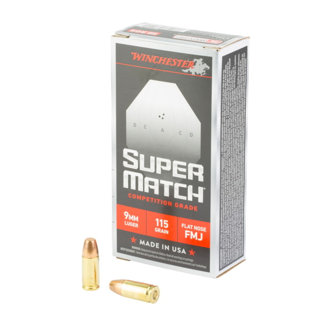 Winchester Ammunition Super Match 9MM 115 Grain Flat Nose Bullet 50 Round Box chester Ammunition Super Match 9MM 115 Grain Flat Nose Bullet 50 Round Box Ammo