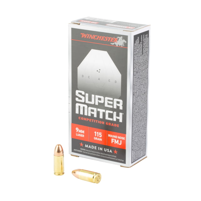 Winchester Ammunition Super Match 9MM 115 Grain Round Nose Bullet 50 Round Box
