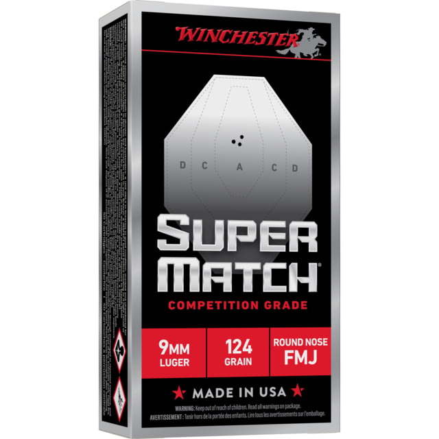 Winchester Ammunition Super Match 9MM 124 Grain Round Nose Bullet 50 Round Box