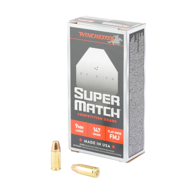 Winchester Ammunition Super Match 9MM 147 Grain Flat Nose Bullet 50 Round Box chester Ammunition Super Match 9MM 147 Grain Flat Nose Bullet 50 Round Box Ammo