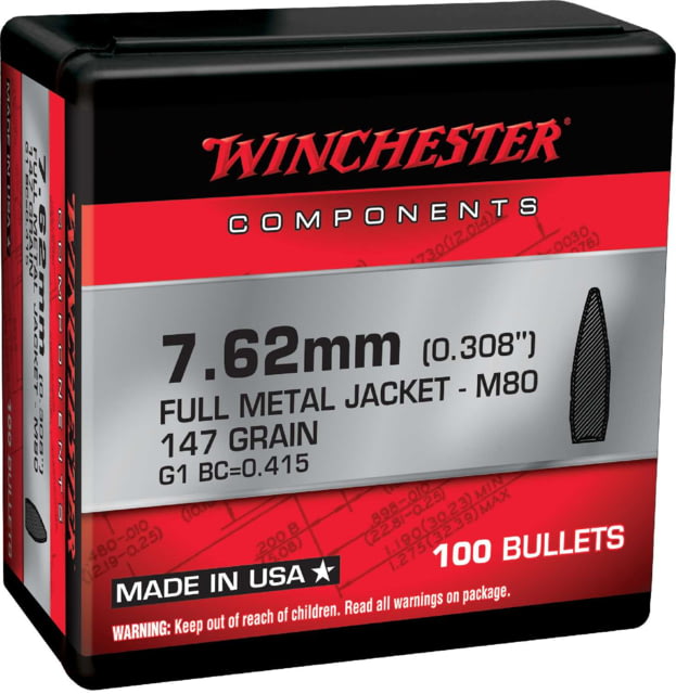 Winchester Rifle Bullets 7.62 Bullets 147 Grain Full Metal Jacket 100 Bullets - Winchester