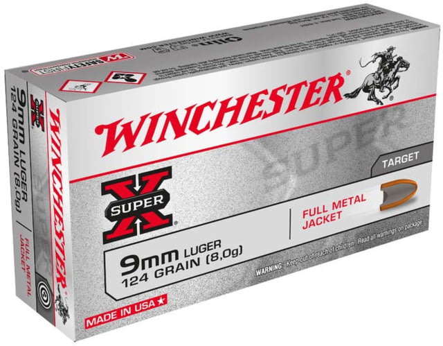 chester Super-X 9mm Luger 124 Grain Full Metal Jacket Brass Cased Pistol Amm 50 Rounds W9MM124 Ammo