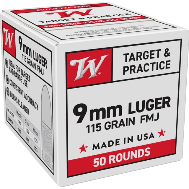 chester USA 9mm Luger 115 Grain Full Metal Jacket FMJ Brass Cased Pistol 50 Rounds Ammo