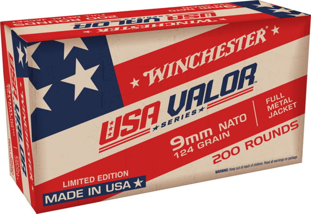 Winchester USA Valor 9mm NATO 124G FMJ Brass Case Centerfire Pistol Ammo 200RDVP - Winchester