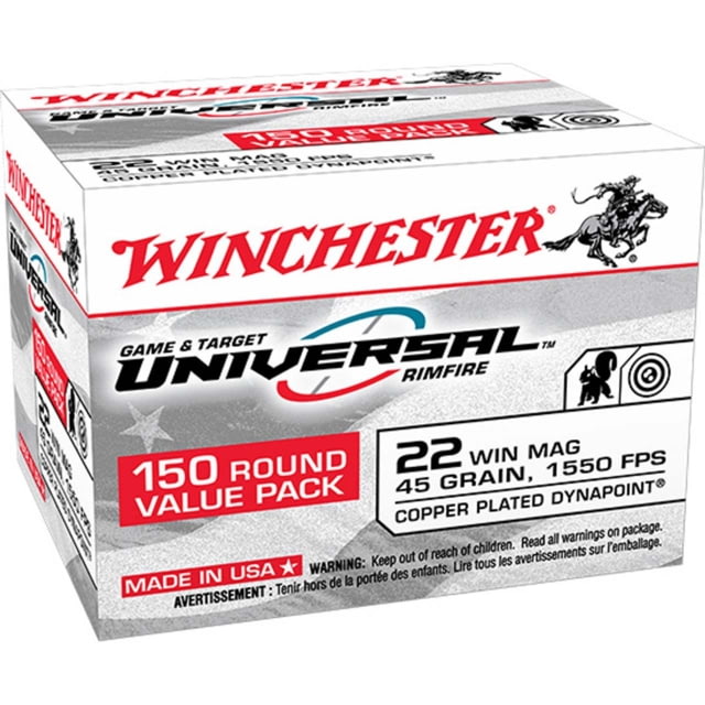 Winchester USA White Box 22 MAG 45 Grain Plated Hollow Point Brass Ammo 150 Rounds - Winchester