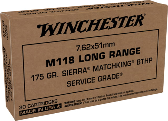 Winchester Service Grade 7.62x51mm NATO 175 Grain Long Range Sierra MatchKing Boat Tail Hollow Point Brass Centerfire Rifle Ammo 20 Rounds SGM118LRW - Winchester