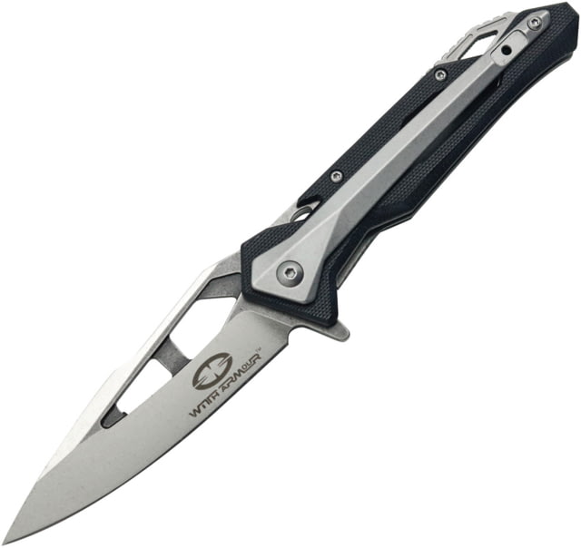 WithArmour Fin Linerlock Folding Knife 3.5" satin finish D2 tool steel blade Black G10 handle with stonewash finish stainless o - Witharmour