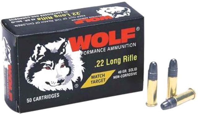 Wolf Match Target 22 Long Rifle Ammo Extra Round Nose 40 Grain Solid Jacket Rifle Ammo 50 Rounds