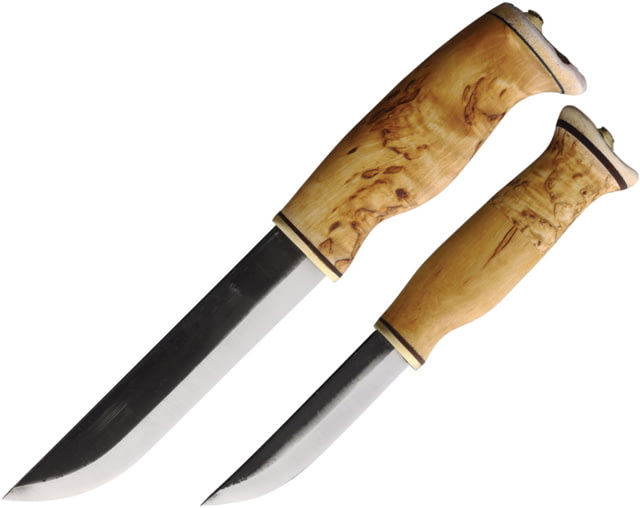 Wood Jewel Big Double Fixed Blade Knife Set 10.5in Overall w/ 5.75in Blade 8in Overall w/ 3.63in Carbon Steel Blade Curly Birch Handle Leather Sheath - Wood Jewel