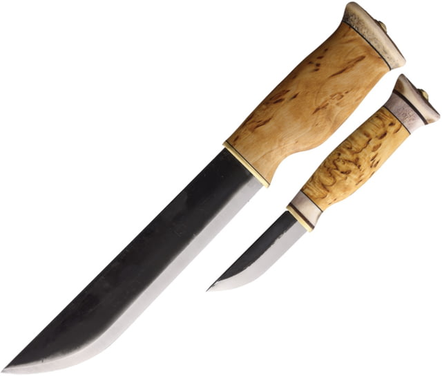 Wood Jewel Big Double Curly Birch Knife Set 13in Overall w/ 8.25in Blade 8in Overall w/ 3.63in Carbon Steel Blade Curly Birch Handle Leather Sheath - Wood Jewel