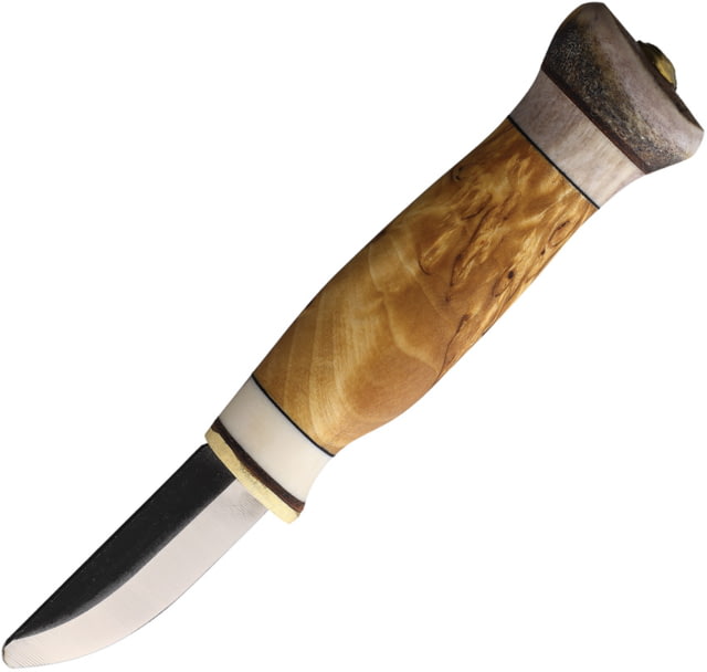 Wood Jewel Child's Knife 6.5in Overall 2.25in Carbon Steel Blunt Tip Blade Curly Birch Handle Leather Sheath - Wood Jewel