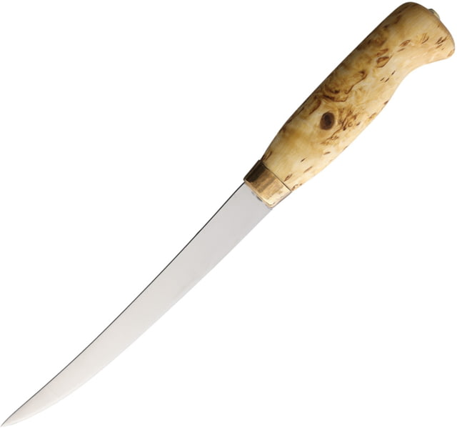 Wood Jewel Curly Birch Mirror Fillet Knife 10.5in Overall 6.25in Mirror Finish Stainless Fillet Blade Curly Birch Handle Leather Sheath - Wood Jewel