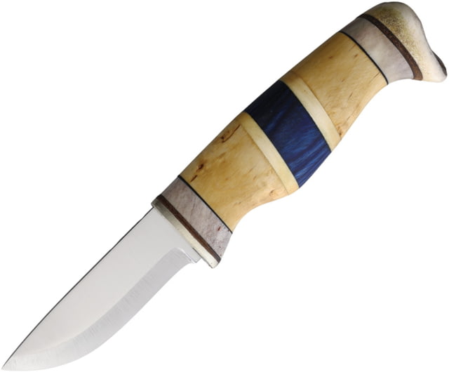 Wood Jewel Finland Fixed Blade Knife 8in Overall 3.25in Satin Finish Carbon Steel Blade Curly Birch Handle Leather Sheath - Wood Jewel