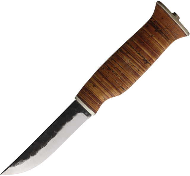 Wood Jewel Stacked Birch Bark Knife 8in Overall 3.63in Carbon Steel Blade Stacked Birch Bark Handle Leather Sheath - Wood Jewel