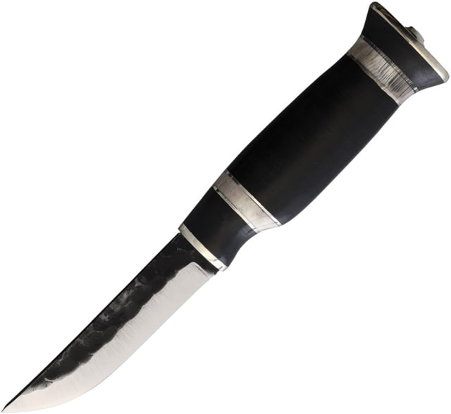 Wood Jewel 8in Stacked Leather Fixed Blade Knife 8in Overall 3.75in Carbon Steel Blade Black Stacked Leather Handle Leather Sheath - Wood Jewel