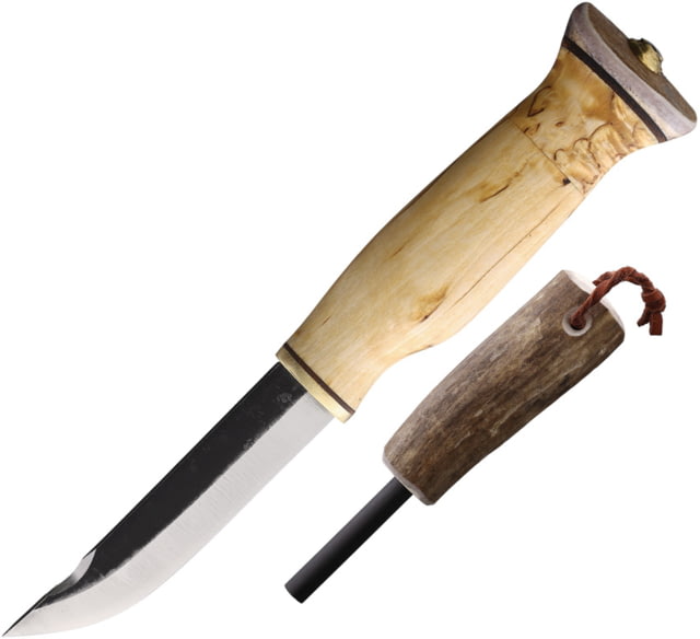 Wood Jewel Curly Birch Fixed Blade Knife Combo 8in Overall 3.63in Carbon Steel Blade Curly Birch Handle Leather Sheath - Wood Jewel