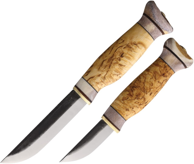 Wood Jewel Curly Birch Fixed Blade Set 8.5in Overall w/ 4in Blade 6.5in Overall w/ 2.5in Carbon Steel Blade Curly Birch Handle Leather Sheath - Wood Jewel