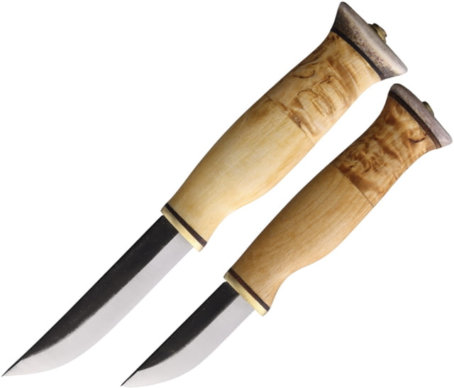 Wood Jewel Curly Birch Fixed Blade Knife Set 8in Overall w/ 3.63in Blade 7.5in Overall w/ 3.5in Carbon Steel Blade Curly Birch Handle Leather Sheath - Wood Jewel