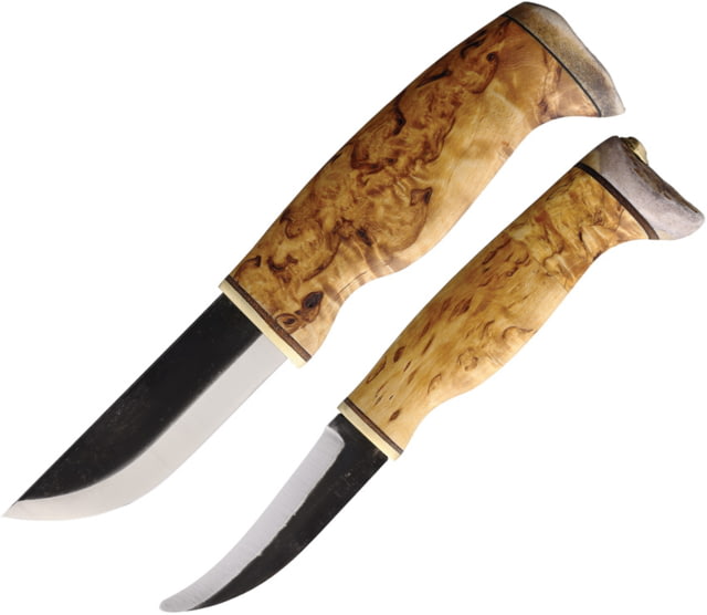 Wood Jewel Curly Fixed Blade Knife Set 8.25in Overall w/ 3.5in Blade 7.5in Overall w/ 3in Carbon Steel Blade Curly Birch Handle Leather Sheath - Wood Jewel