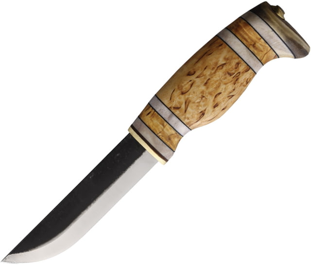 Wood Jewel 9.75in Curly Birch Fixed Blade Knife 9.75in Overall 4.75in Carbon Steel Blade Curly Birch Handle Leather Sheath - Wood Jewel