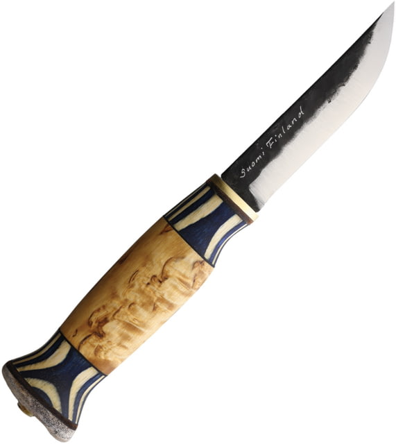 Wood Jewel Lion Fixed Blade Knife 8in Overall 3.75in Carbon Steel Blade Curly Birch Handle Leather Sheath - Wood Jewel
