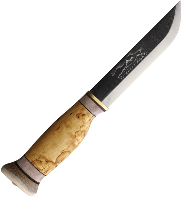 Wood Jewel 9.75in Northern Lights Fixed Blade Knife 9.75in Overall 5in Stainless Blade Curly Birch Handle Leather Sheath - Wood Jewel