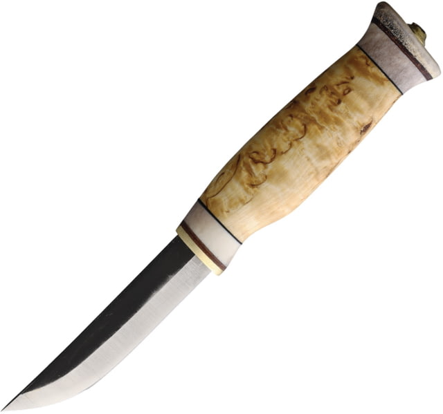 Wood Jewel Vuolu Fixed Blade Knife 8.13in Overall 3.75in Carbon Steel Blade Curly Birch Handle Leather Sheath - Wood Jewel