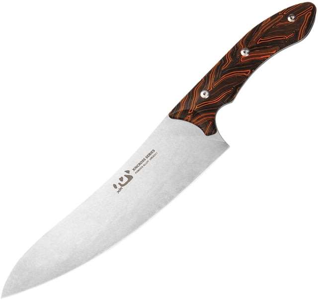 Xin Cutlery Tactical Style SW Chef's Knife 14.25in Overall 8in Stonewash Powder Alloy Steel Blade Black/Orange G10 Handle Leather Sheath