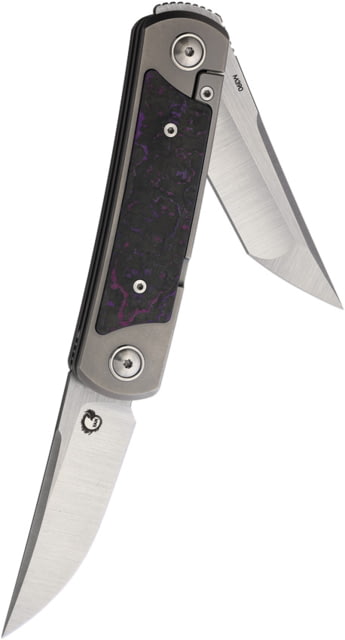 Yan Knives EMW Folding Knife 4.25in Closed 3in Satin Bohler M390 SS Tanto/DP Blades Bead Blast Ti Handle w/ Purple Haze Fat Carbon Fiber Inlay Leather - Yan Knives