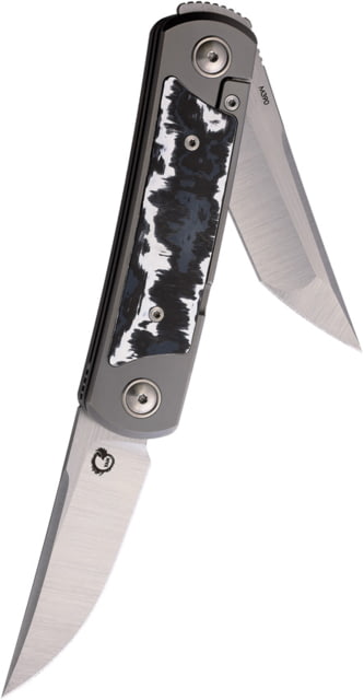 Yan Knives EMW Folding Knife 4.25in Closed 3in Satin Bohler M390 SS Tanto/DP Blades Bead Blast Ti Handle w/ White Storm Fat Carbon Fiber Inlay Leather - Yan Knives