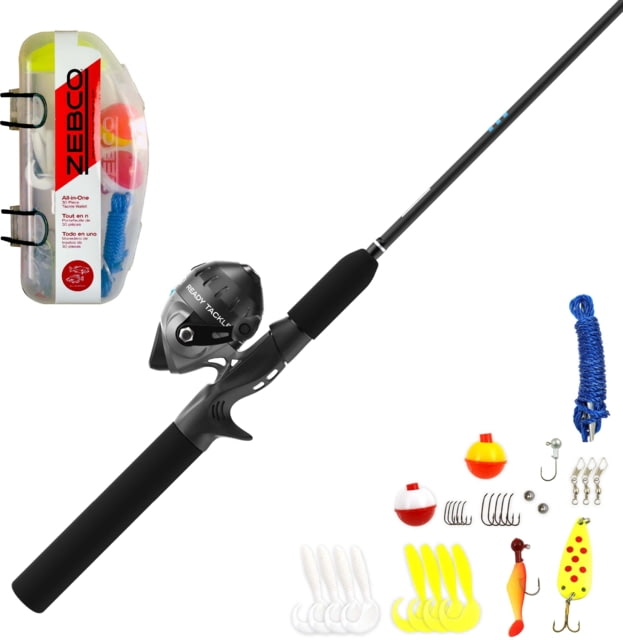 Zebco Ready Tackle Spincast Reel and Rod Combo 5ft 6in Pole SZ 30 Reel RH Retrieve Pre-Spooled w/ 10lb Zebco Line Includes 30-PC Tackle Kit Black