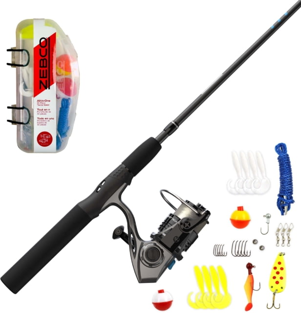 Zebco Ready Tackle Spinning Reel and Rod Combo 5ft 6in Pole SZ 20 Reel LH Retrieve Pre-Spooled w/ 8lb Zebco Line Includes a 30-PC Tackle Kit Black