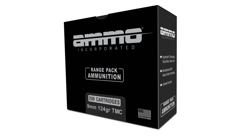Ammo, Inc. 9mm Luger 124 Grain Total Metal Case Brass Cased Centerfire Pistol Ammo, 200 Rounds, 9124TMC-A200