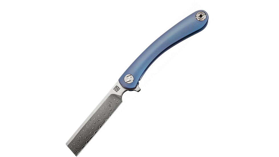 Artisan Cutlery Orthodox Framelock Folding Knife, 4.13in Closed, 2.75in Damascus Steel Blade, Blue Titanium Handle, Pocket Clip, Metal Tin, Black Nylon Zippered Storage Case, 1817GSD-BU