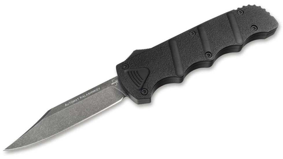 Boker Plus Kalashnikov OTF Bowie Automatic Folding Knife, 3.54in, D2, Aluminum Black Handle, 06EX350