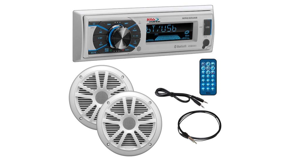 Boss Audio Marine Single Din Media Receiver with Bluetooth and Pair of 6.5in Speakers, Antenna and Aux, White MCK632WB6
