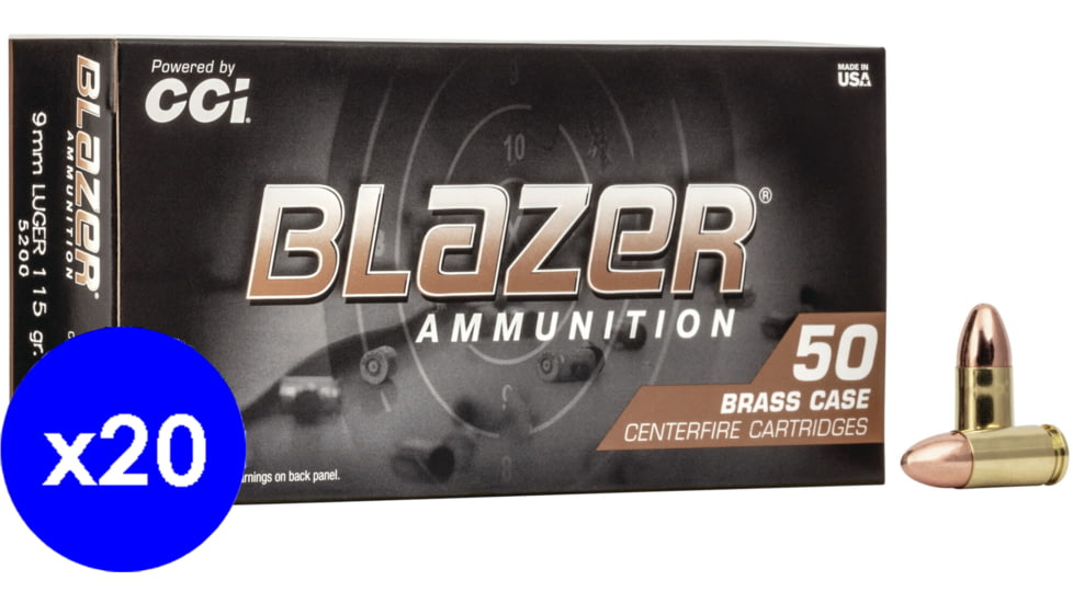 CCI Ammunition Blazer, 9mm Luger, 115 Grain, FMJ, Brass Case, Centerfire Pistol Ammo, 1000 Rounds Case, 5200-KIT1