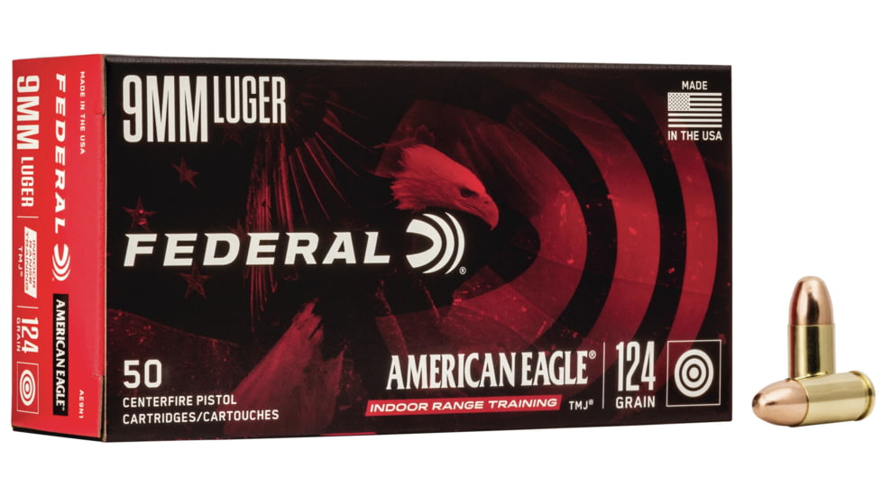 Federal Premium American Eagle Indoor Range Training 9 mm Luger 124 Grain Full Metal Jacket Centerfire Pistol Ammo, 50 Rounds, AE9N1